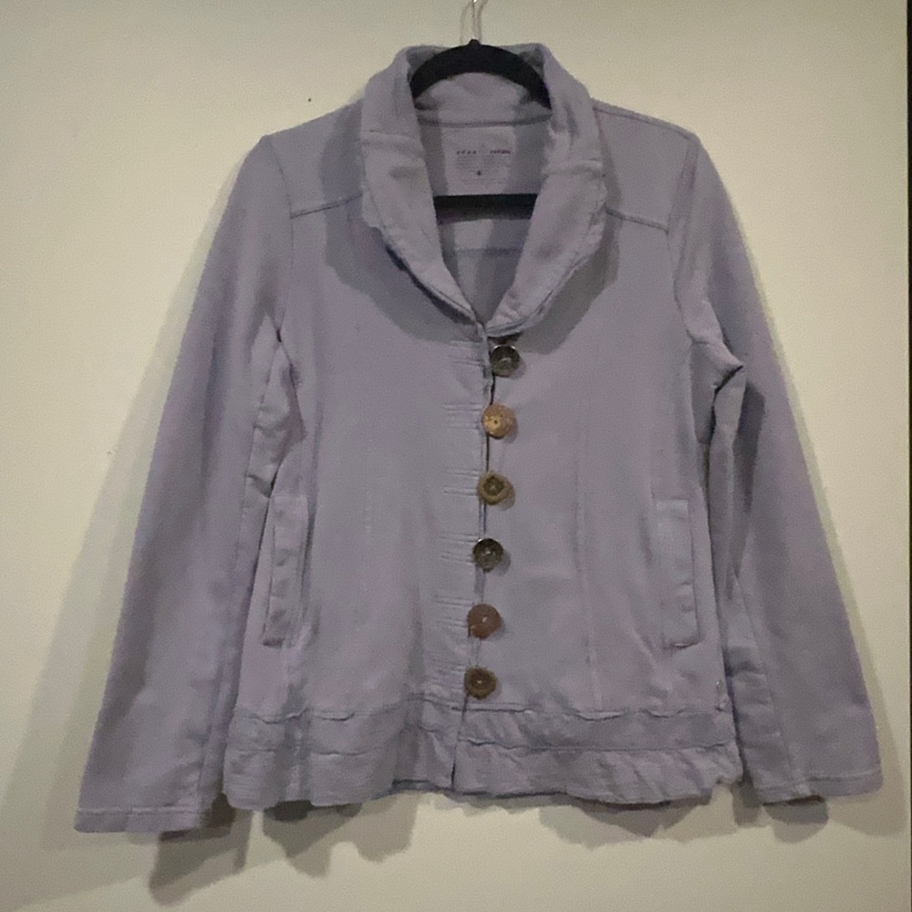Neon Buddha blue jacket. Size small. Ruffle detail at the bottom with pockets.